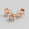 A 3-piece apricot brown polypropylene bistro furniture set with two modern slatted chairs and a matching coffee table on a sunny apartment balcony.