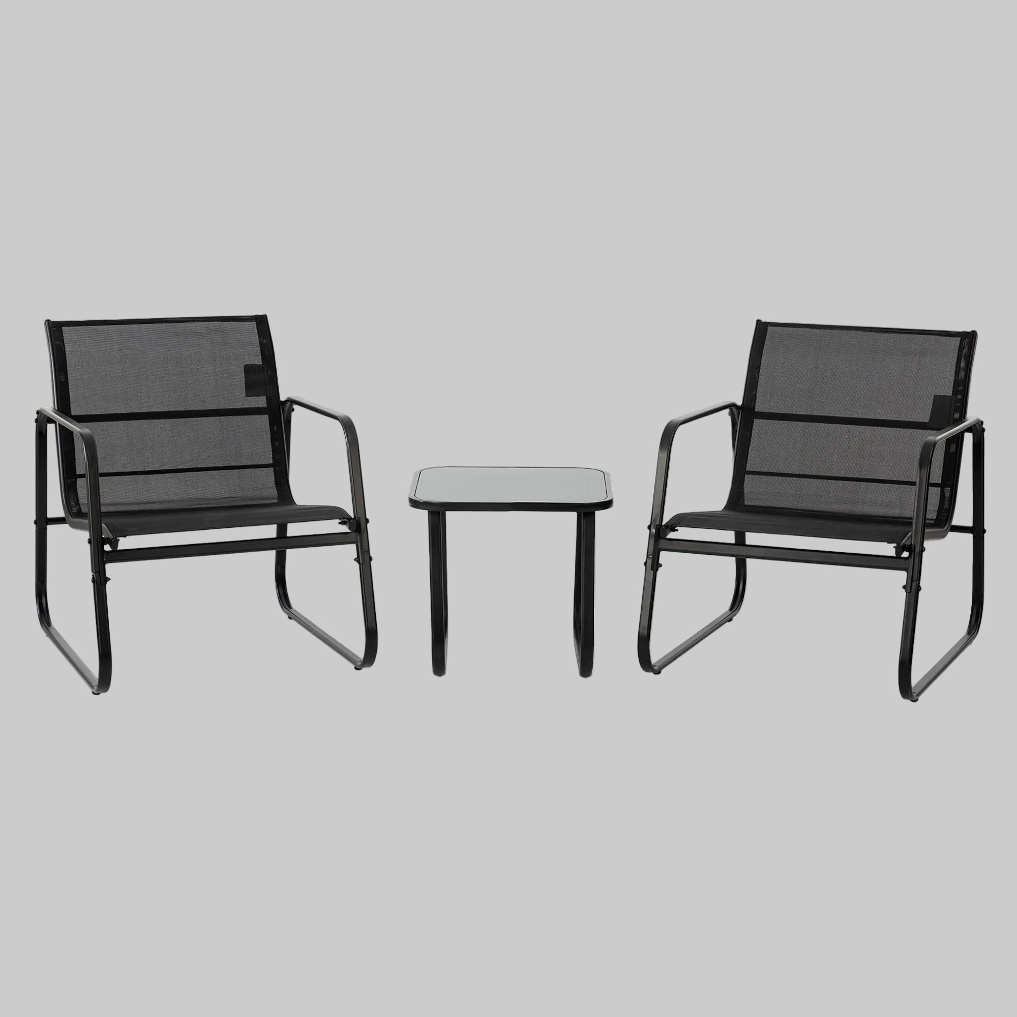 A 3-piece black outdoor courtyard reception set featuring two Textilene fabric chairs and a matching metal frame table on a sunny garden patio.