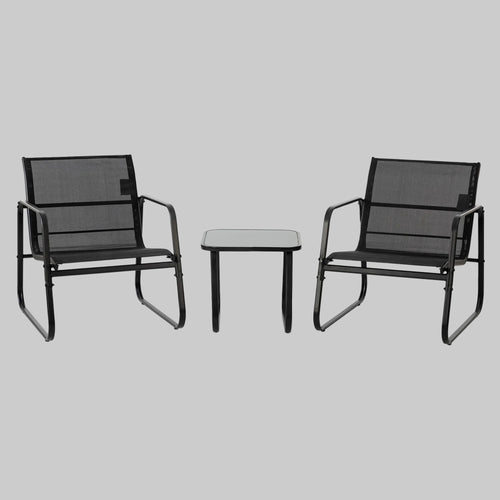 A 3-piece black outdoor courtyard reception set featuring two Textilene fabric chairs and a matching metal frame table on a sunny garden patio.