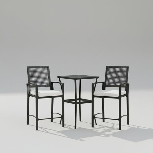 A 3-piece outdoor rattan wicker bar set featuring a high-top table and two cushioned tall armchairs arranged by a poolside deck.