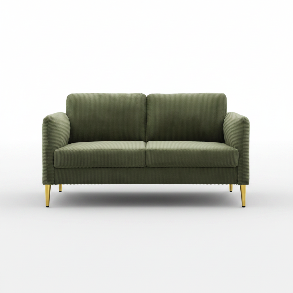 Modern 60-inch wide green corduroy 3-seater loveseat with plush cushions and square arms in a compact apartment living room setup.
