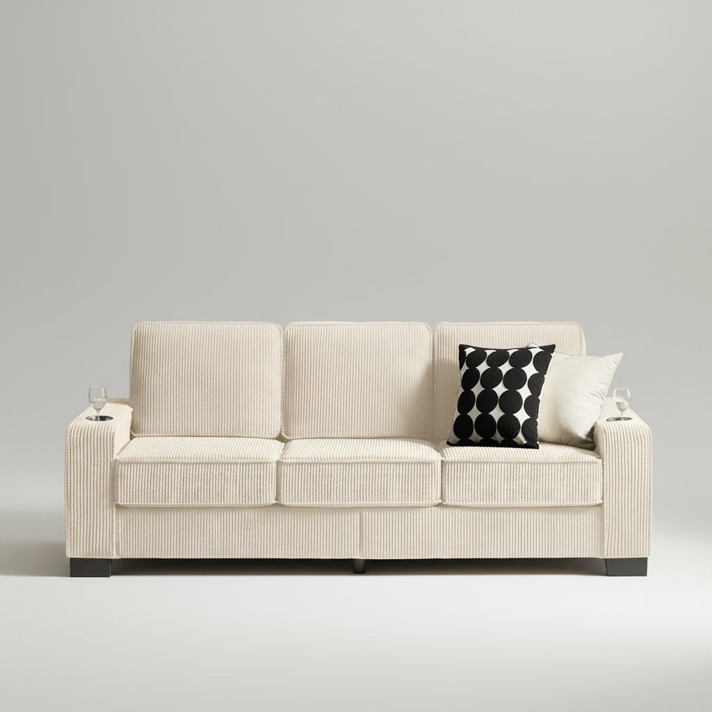 Modern 84-inch beige corduroy 3-seater sofa with cup holders in a bright minimalist living room setup.