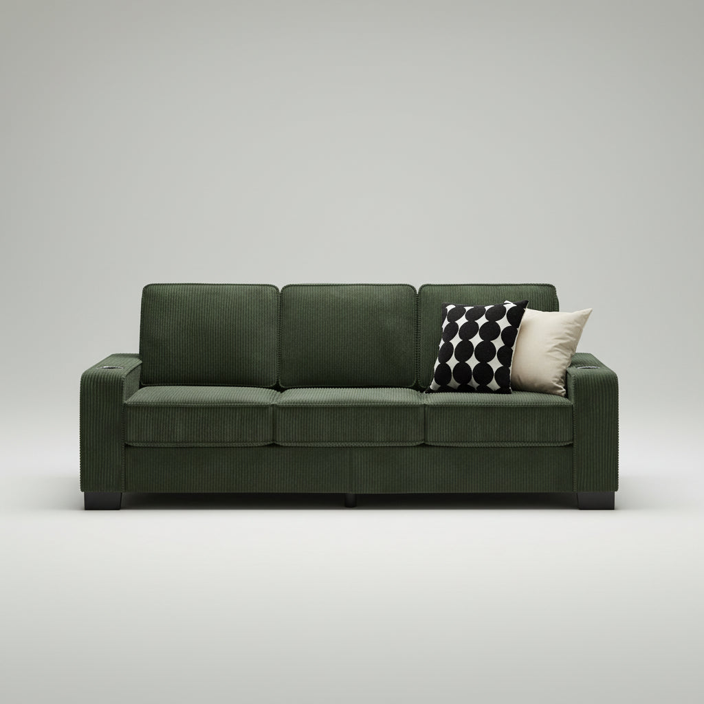 Modern 84-inch green corduroy 3-seater sofa with cup holders in a bright minimalist living room setup.