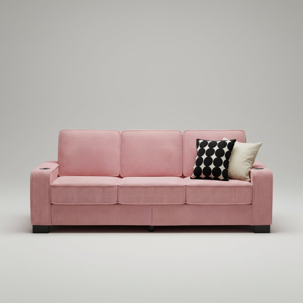 Modern 84-inch pink corduroy 3-seater sofa with cup holders in a bright minimalist living room setup.