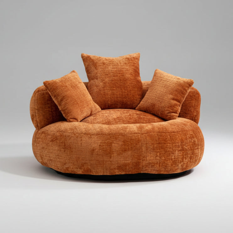Orange textured armchair in a modern living room setting with shelves and plants.