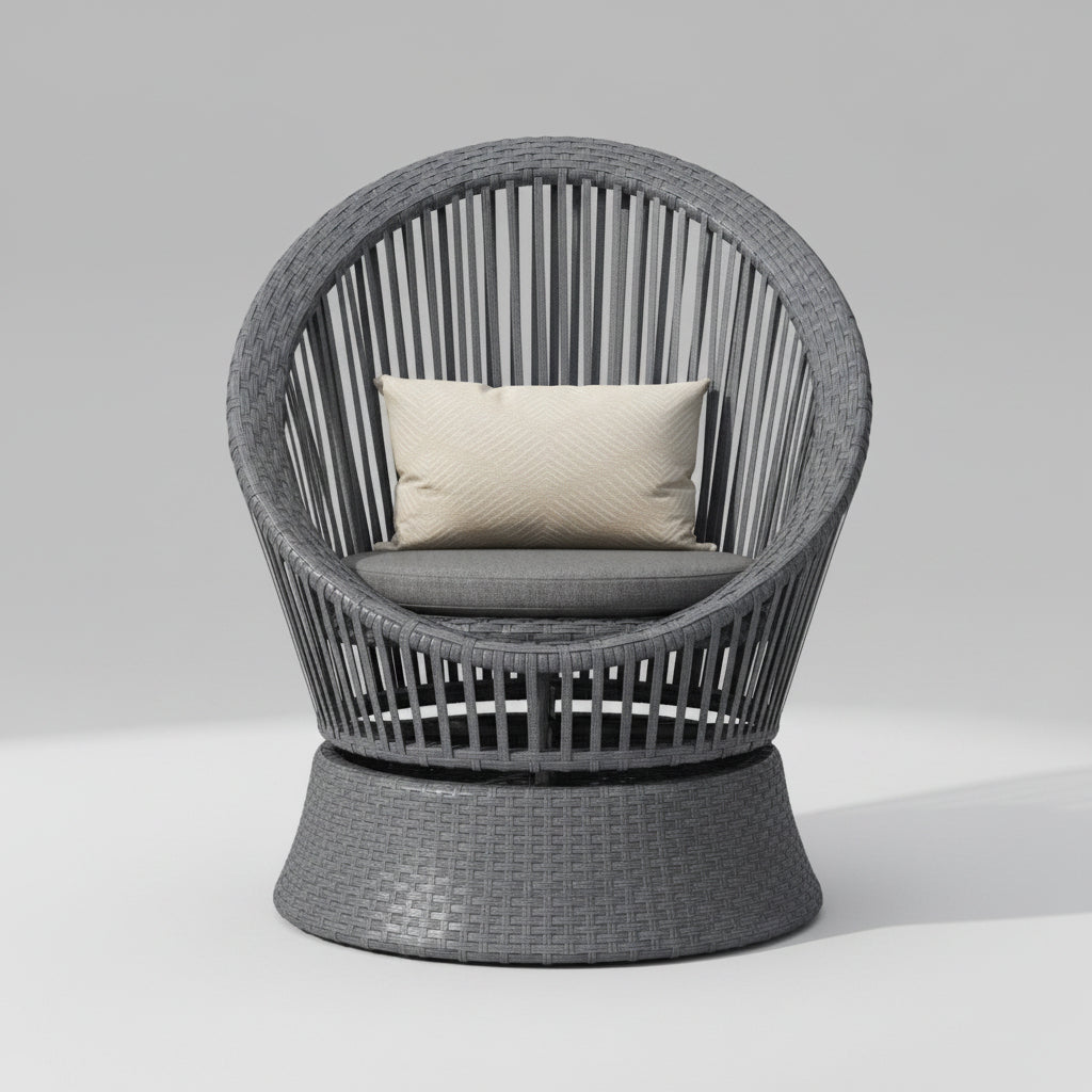 Modern gray wicker lounge chair with cushion and iron frame 