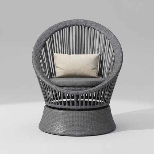 Modern gray wicker lounge chair with cushion and iron frame 