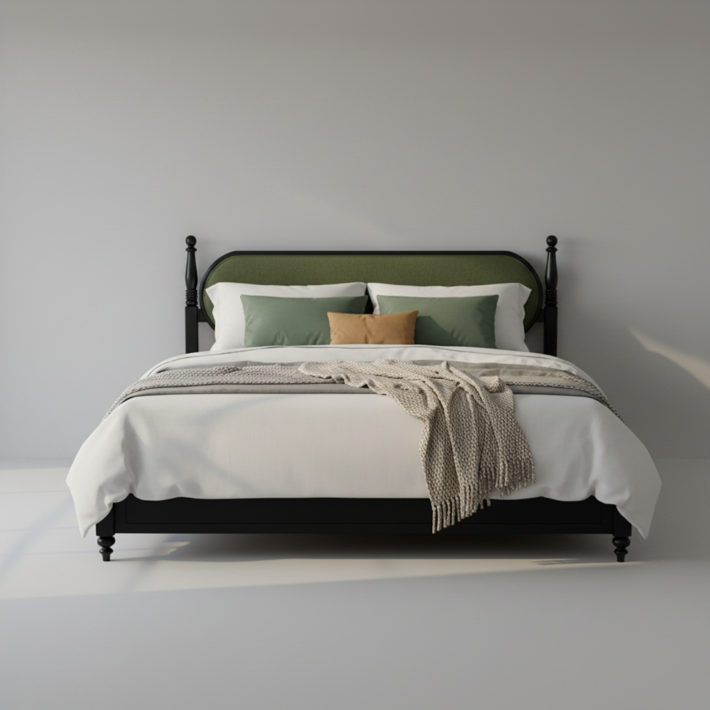 Modern king-size platform bed frame with a sleek black solid wood frame and a plush green upholstered headboard.