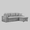 Light grey convertible sectional sofa bed with pulled-out sleeper, armrest storage pockets, and cup holders.