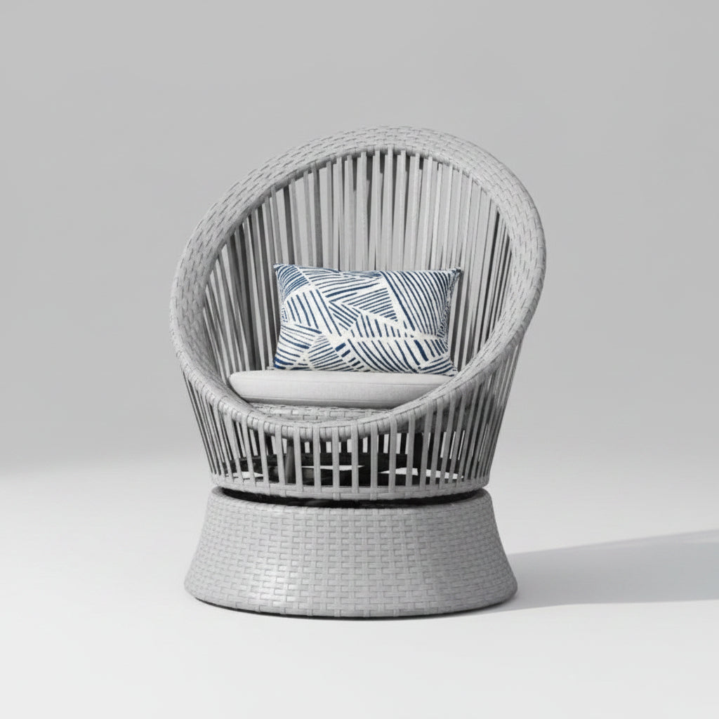 Modern gray wicker lounge chair with cushion and iron frame for patio balcony and living room