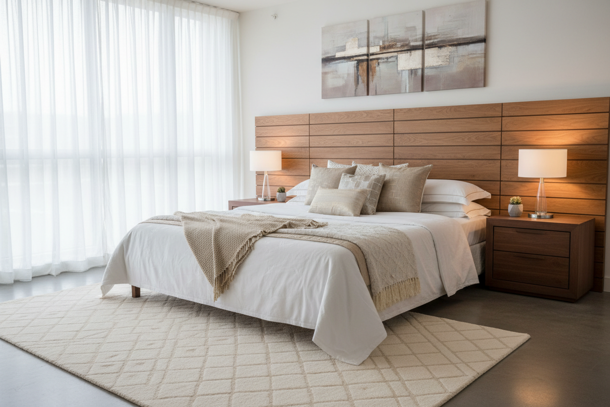 Modern bedroom with wooden headboard, white bedding, and side tables.