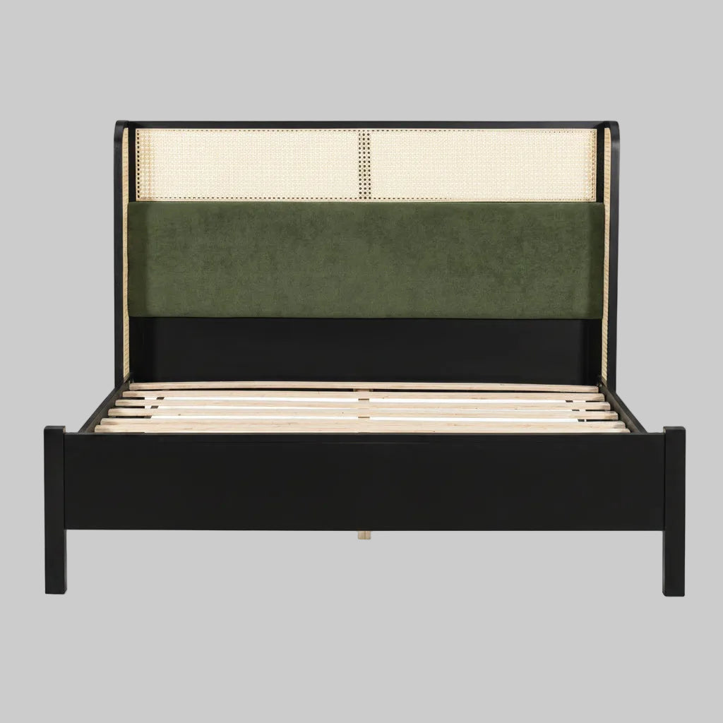 Top-down detailed view of the strong, evenly spaced solid wood slats inside the black and green queen bed frame