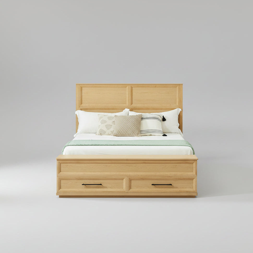 Modern queen-size oak bed frame featuring a 3D geometric headboard and a matching storage bench at the foot of the bed.