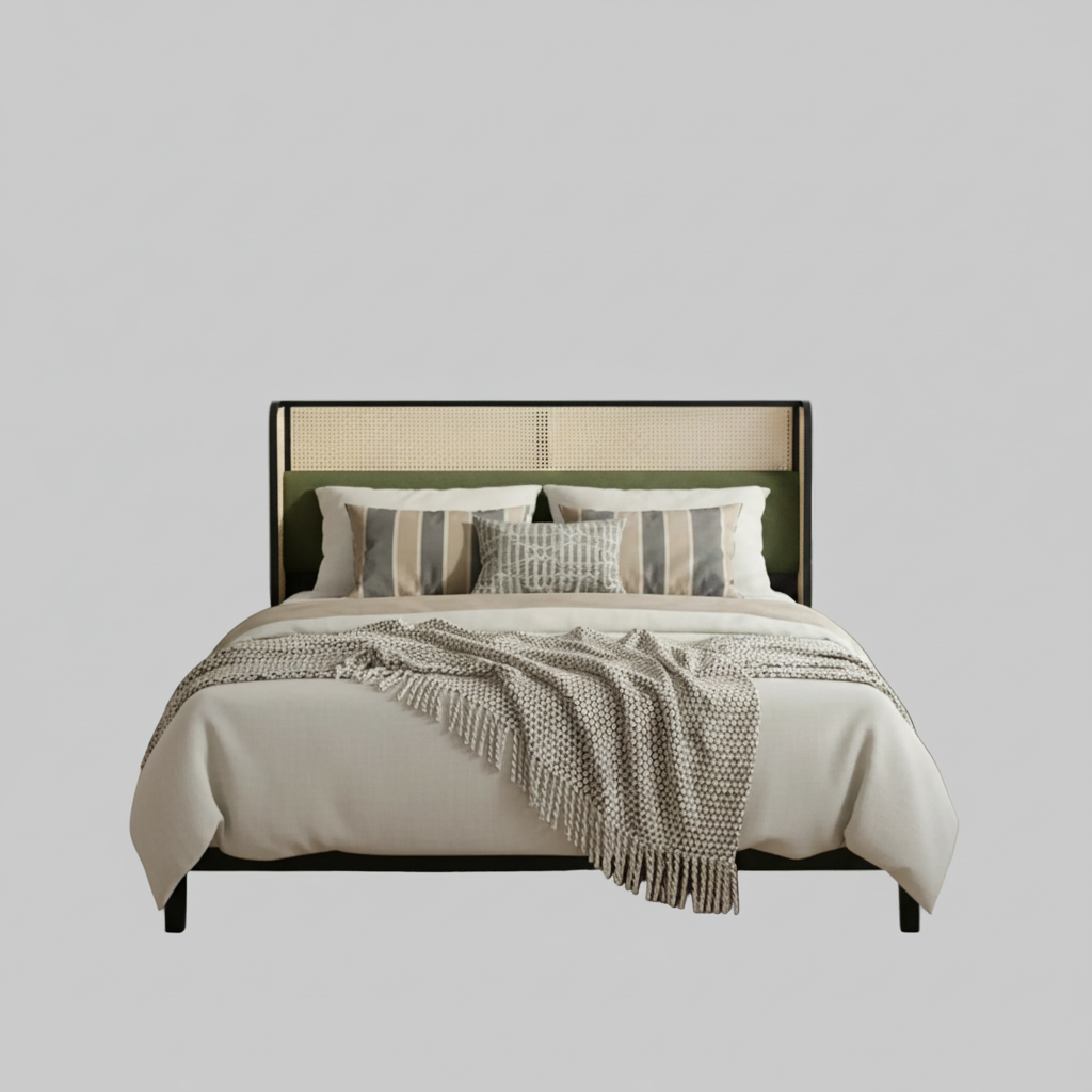 Modern queen-size platform bed frame featuring a sleek black solid wood body and a vibrant green statement headboard.