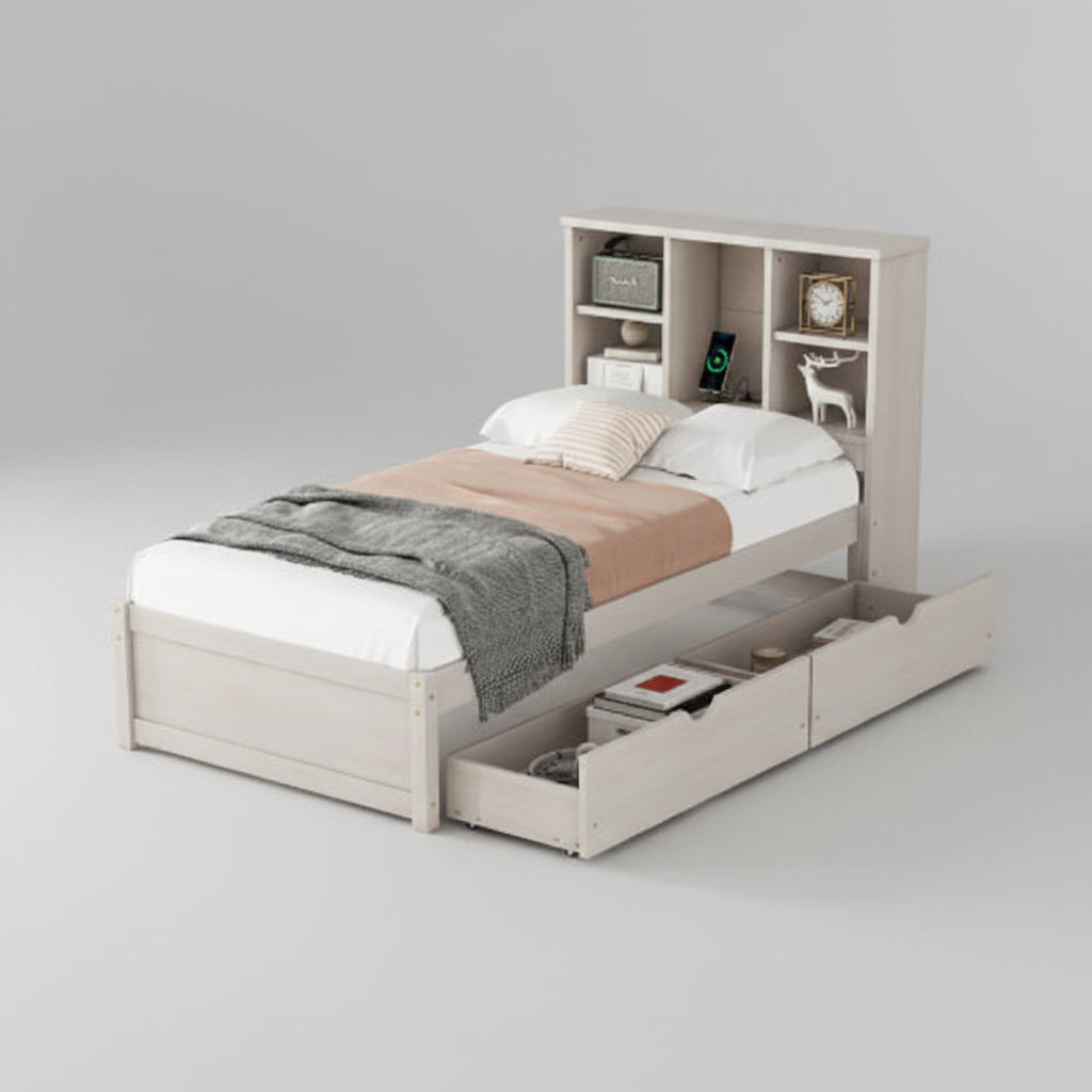 Modern twin bed frame with USB charging port in white washed finish